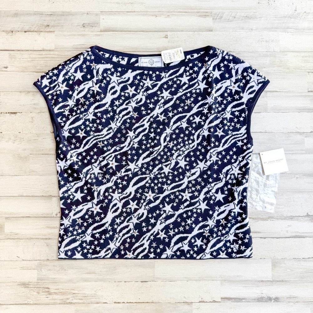 NEW St. John Sport Knit Top Navy White Gold Stars Embellished Wool Blend Women L